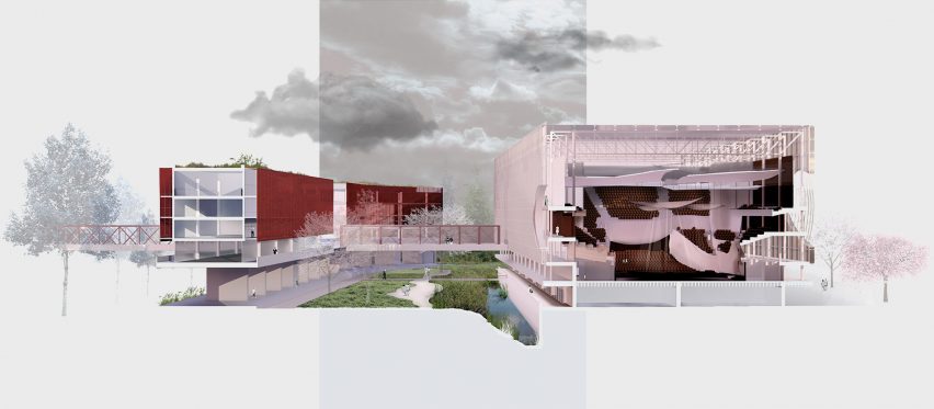 Perspective section drawing of an orchestra hall with courtyard space
