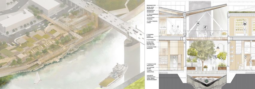 Isometric drawing and annotation section of a building on a riverside