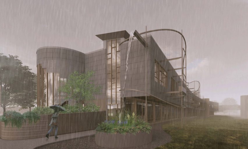 Render of a large building in the rain with a water shoot