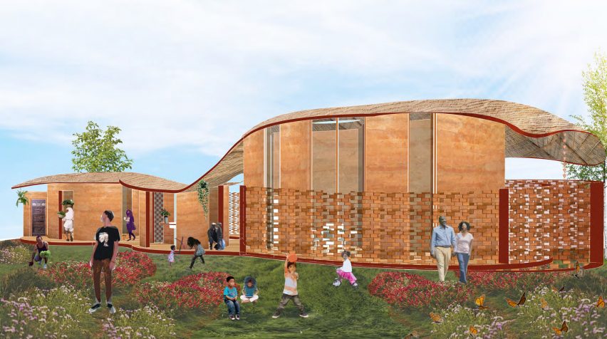 Render of a red brick building with people playing in a garden space