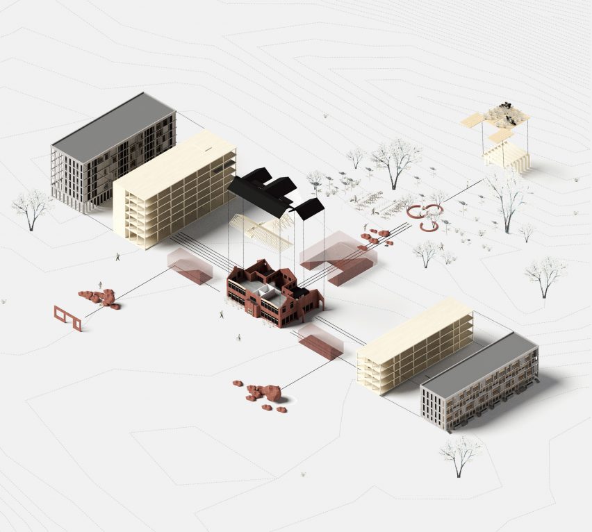Isometric 3D model of five building with centre building exploded in layers