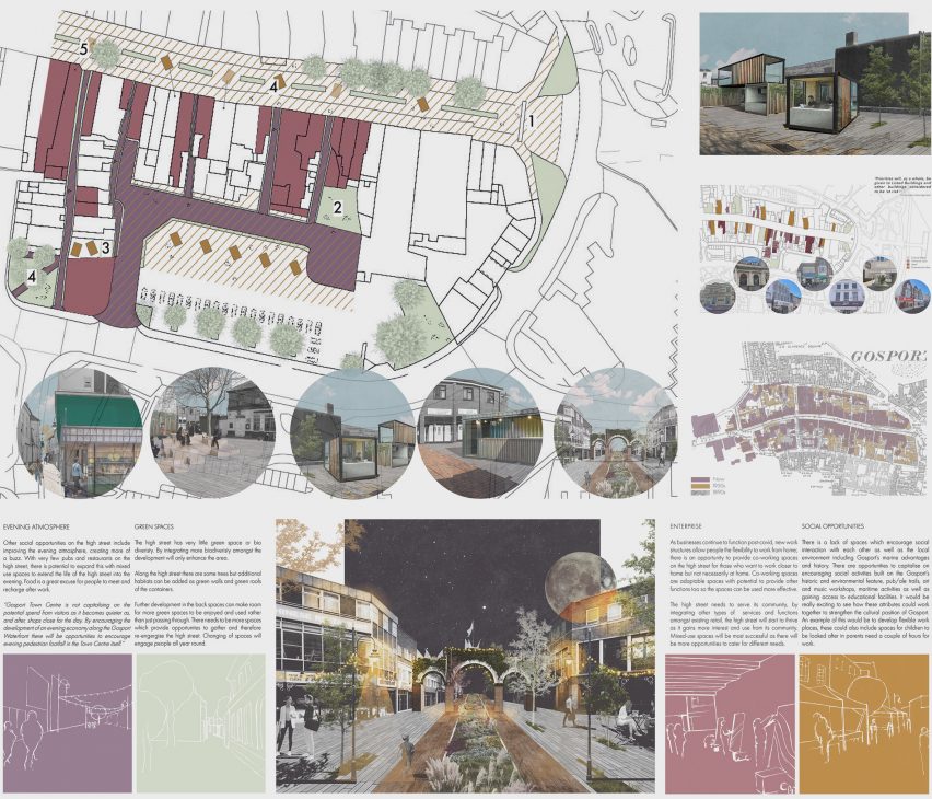 Site plans and collage perspective renders of an architectural project by student at the University of Portsmouth