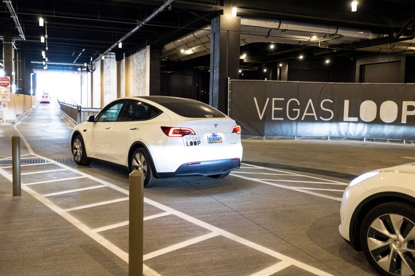 White Teslas leaving The Boring Company's Vegas Loop station at Resorts World Las Vegas