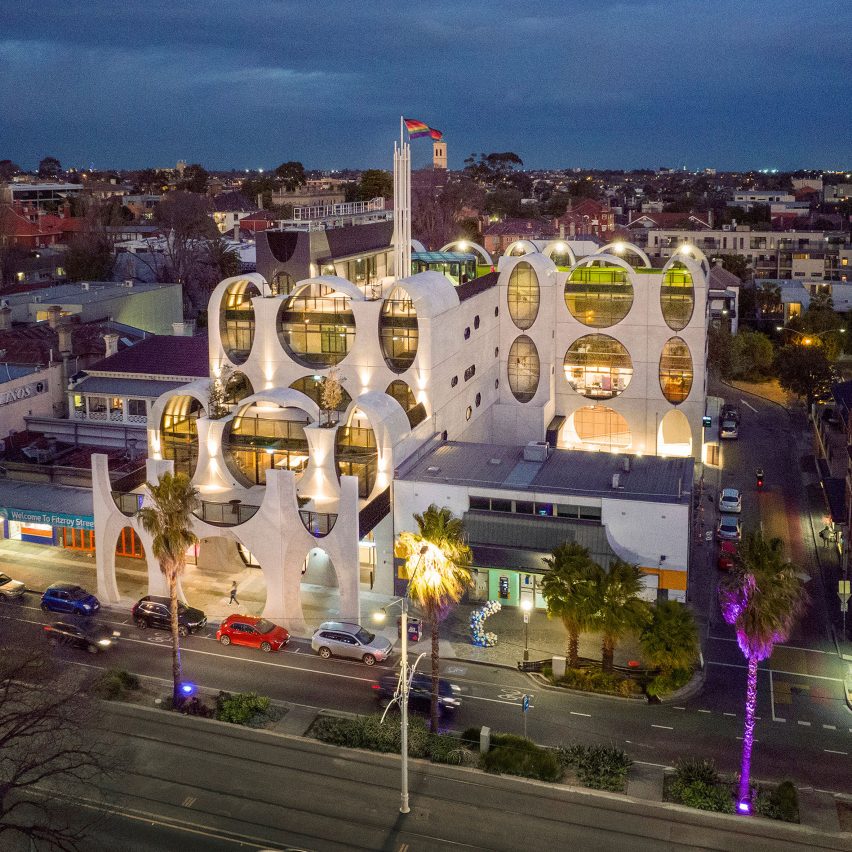 Aerial image of the Victorian Pride Centre at night