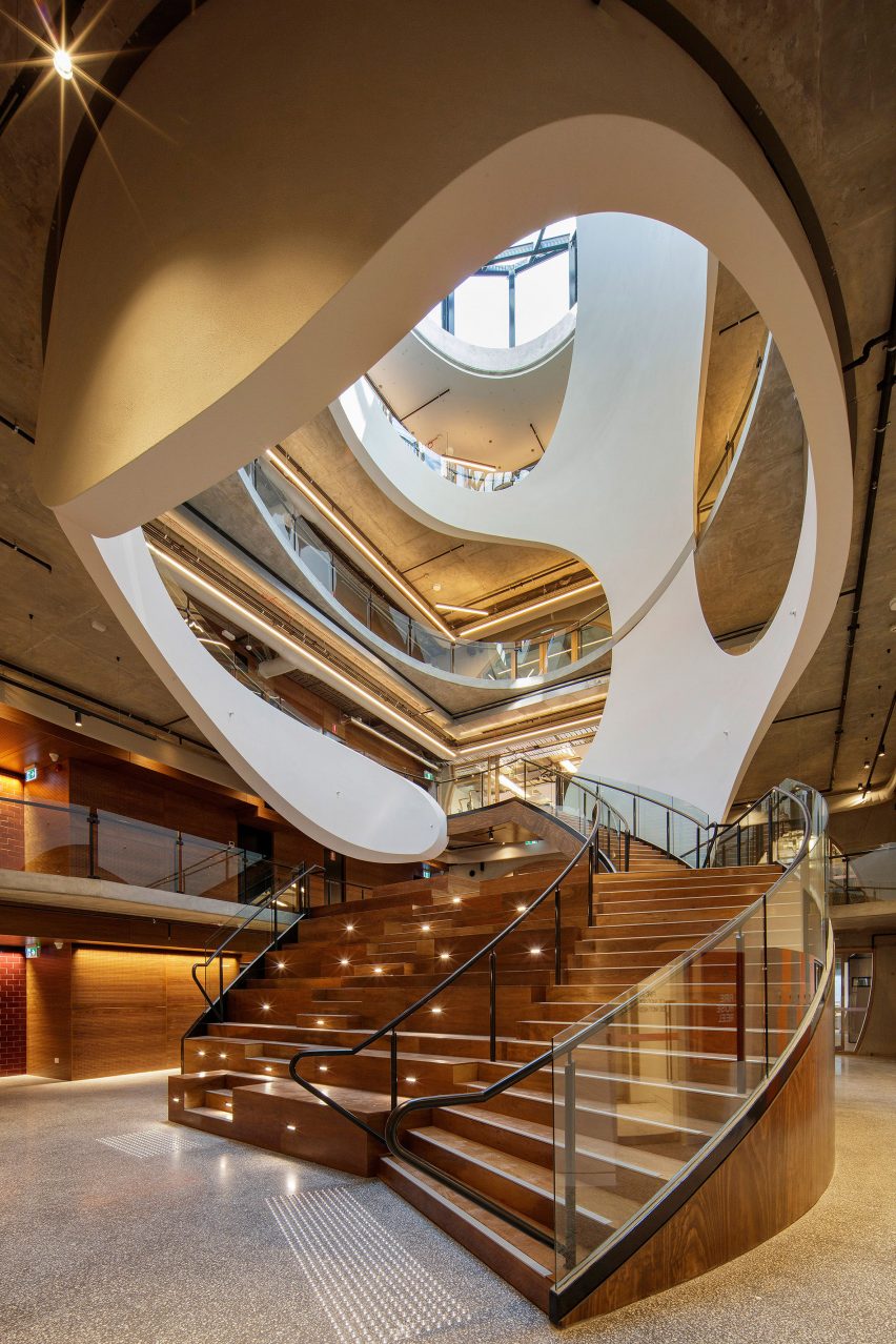 Interior image of a ellipsoid-shaped atrium at the pride centre