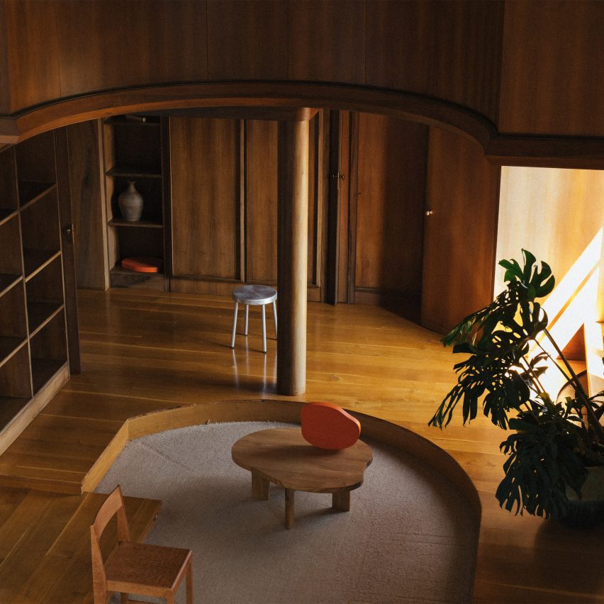 Assorted Frama chairs in wood panelled living room of Villa Medicea di Marignolle apartment by Albert Moya