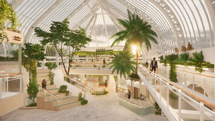 Interior render of a large glass greenhouse with mezzanine level and planting