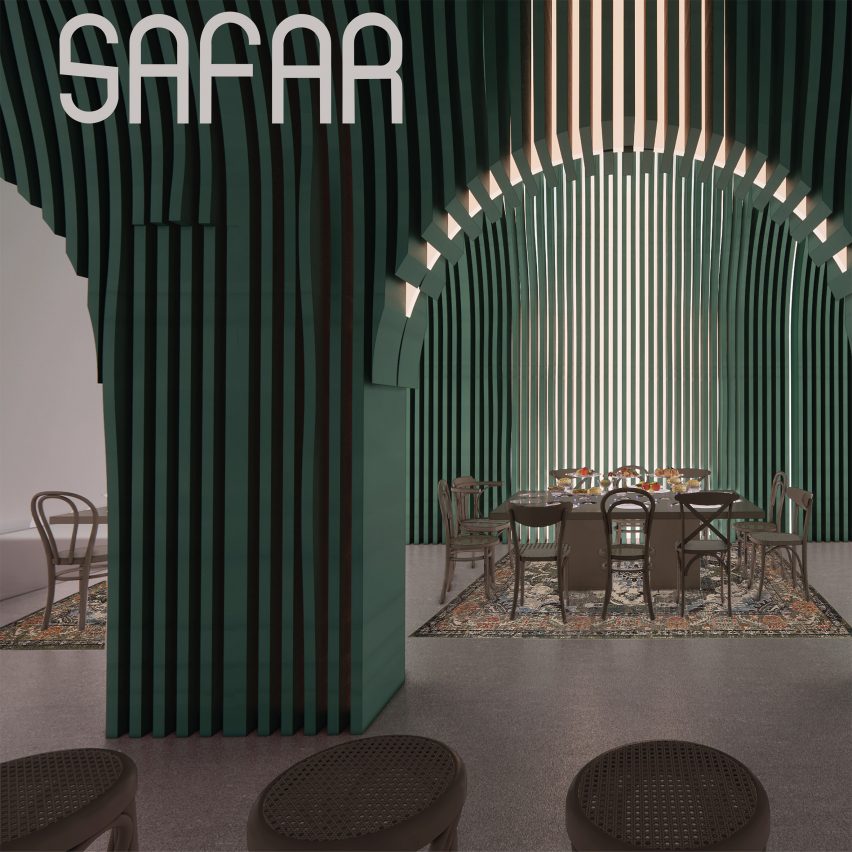 Restaurant with green arches and tables by student at IE University