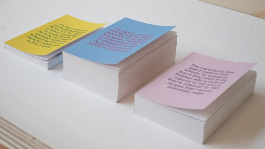 Yellow, blue and pink books in a line with text on the cover by student at Central Saint Martins