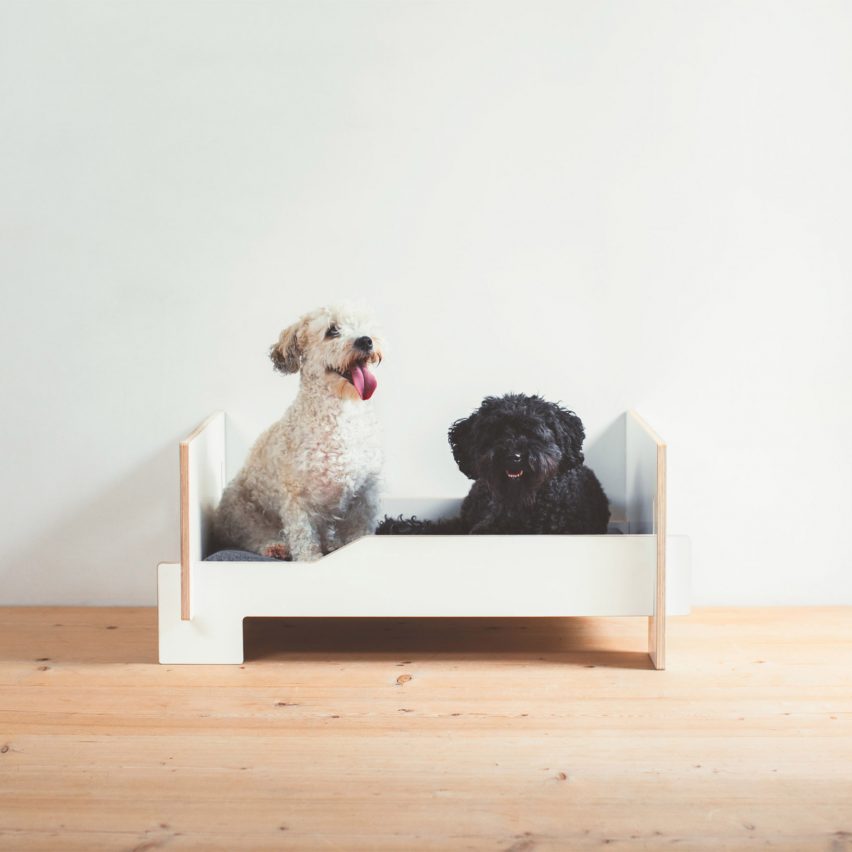 A photograph of dogs sitting on Kläffer – is a white dog bed