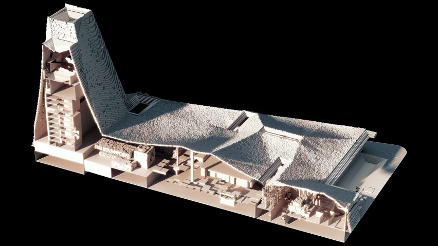 Sectional model of a low-lying building with a tall chimney presented on Dezeen School Shows