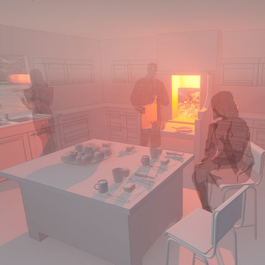A ghostly render of people sitting in a kitchen