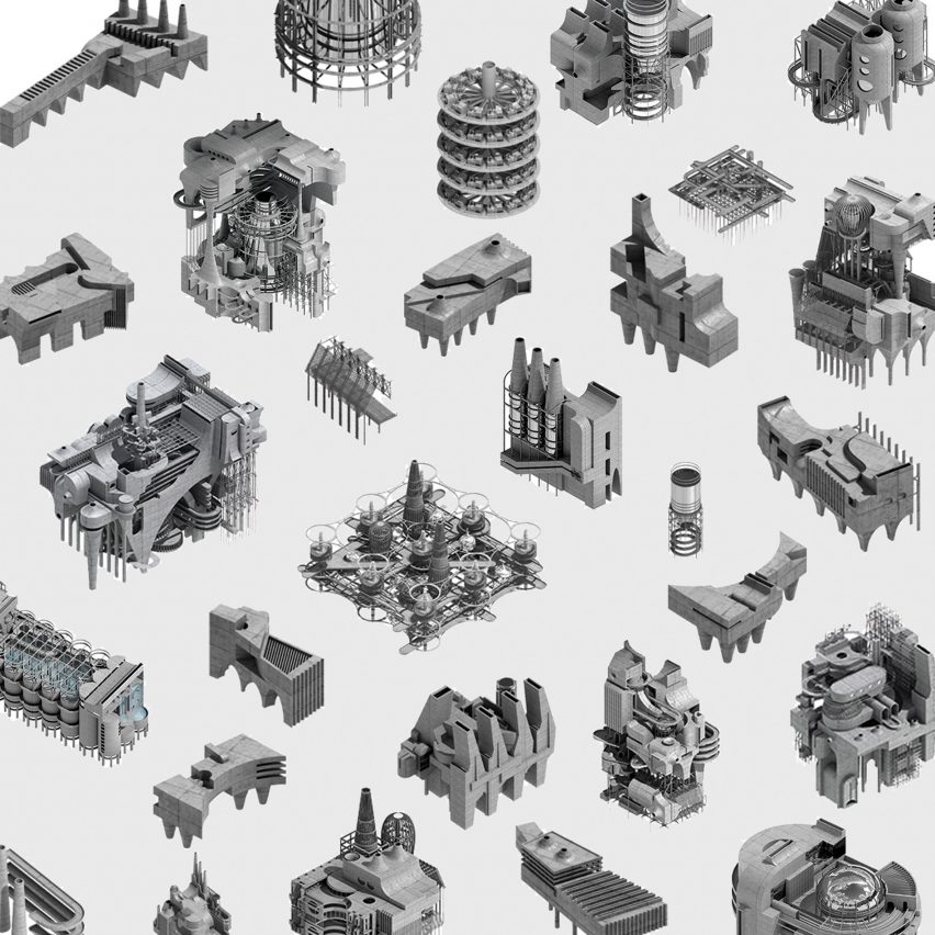 A graphic illustration of industrial Chinese buildings 