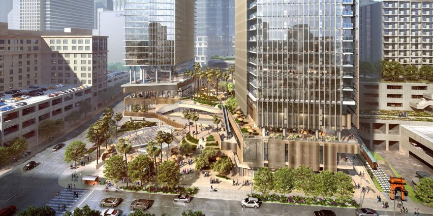Render of open-air park in mixed-use Los Angeles complex by Handel Architects