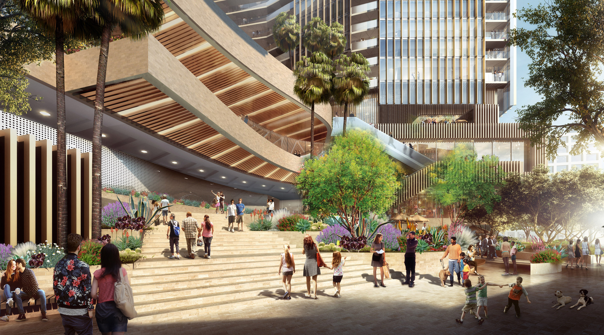 Render of public plaza in Los Angeles by Handel Architects