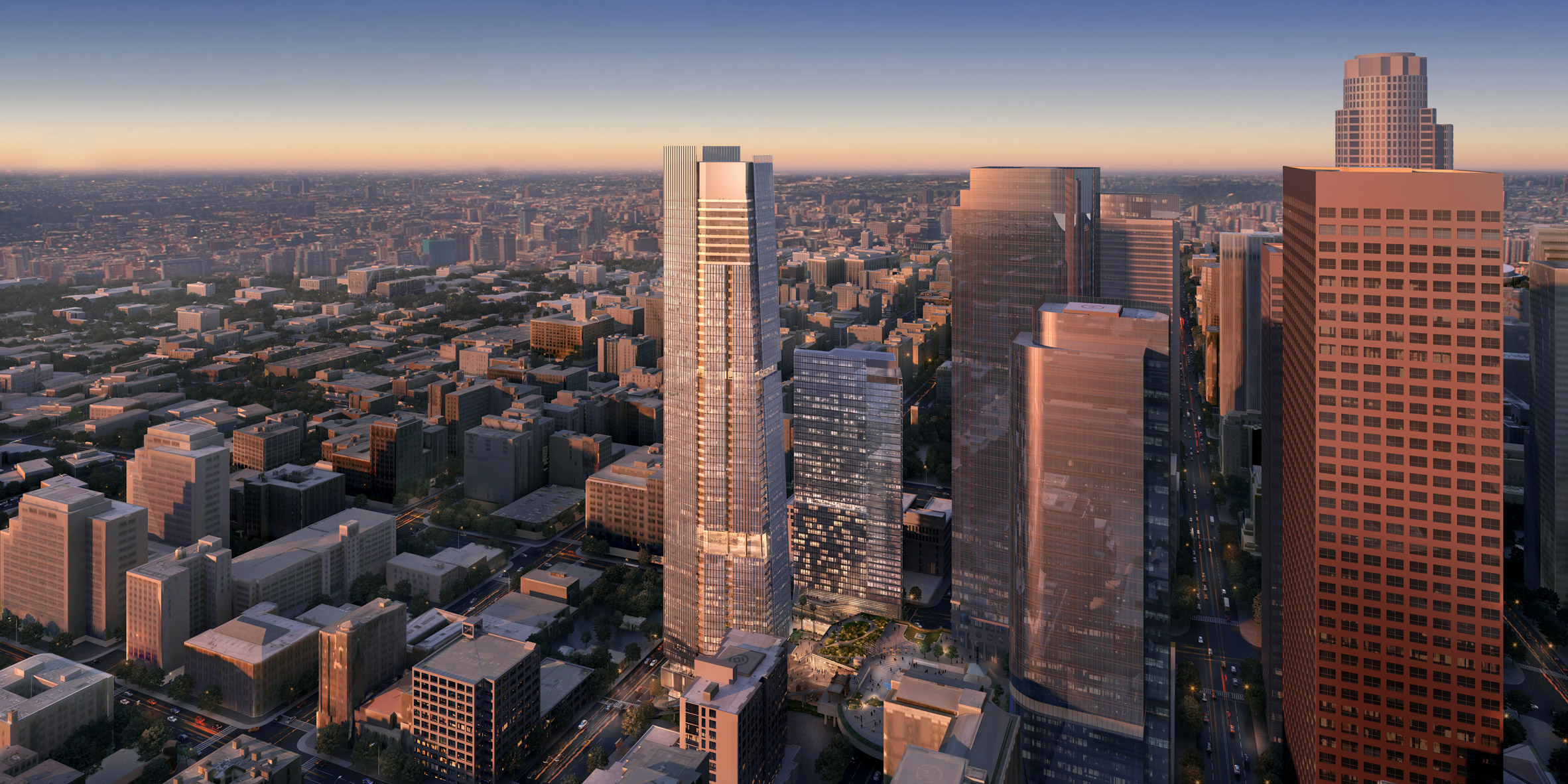 Aerial nighttime render of planned Angels Landing skyscraper in Los Angeles by Handel Architects