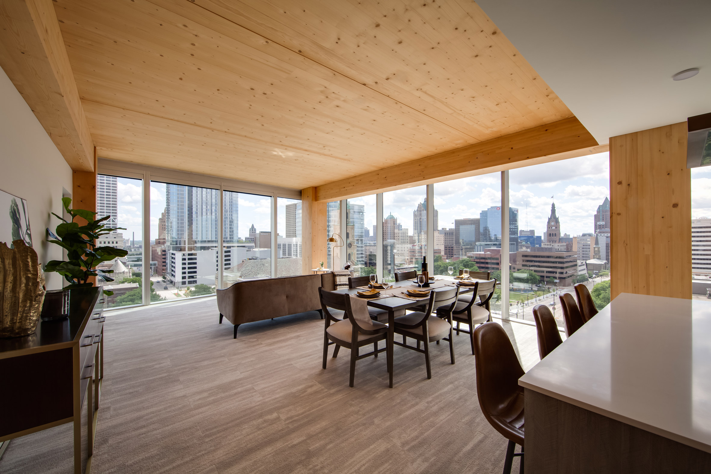 Interior of Ascent tower apartment with timber roof