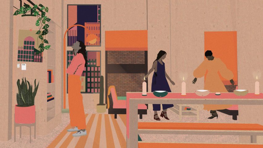 Colour-block illustration of two people in a living-dining space with orange and pink highlights