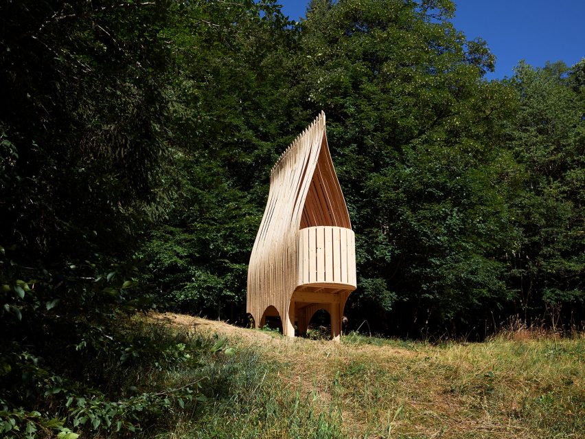 The Beast cabin perched on a grassy hill