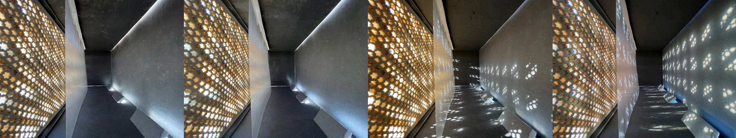 Series of four images of light shining through a perforated wall in different patterns