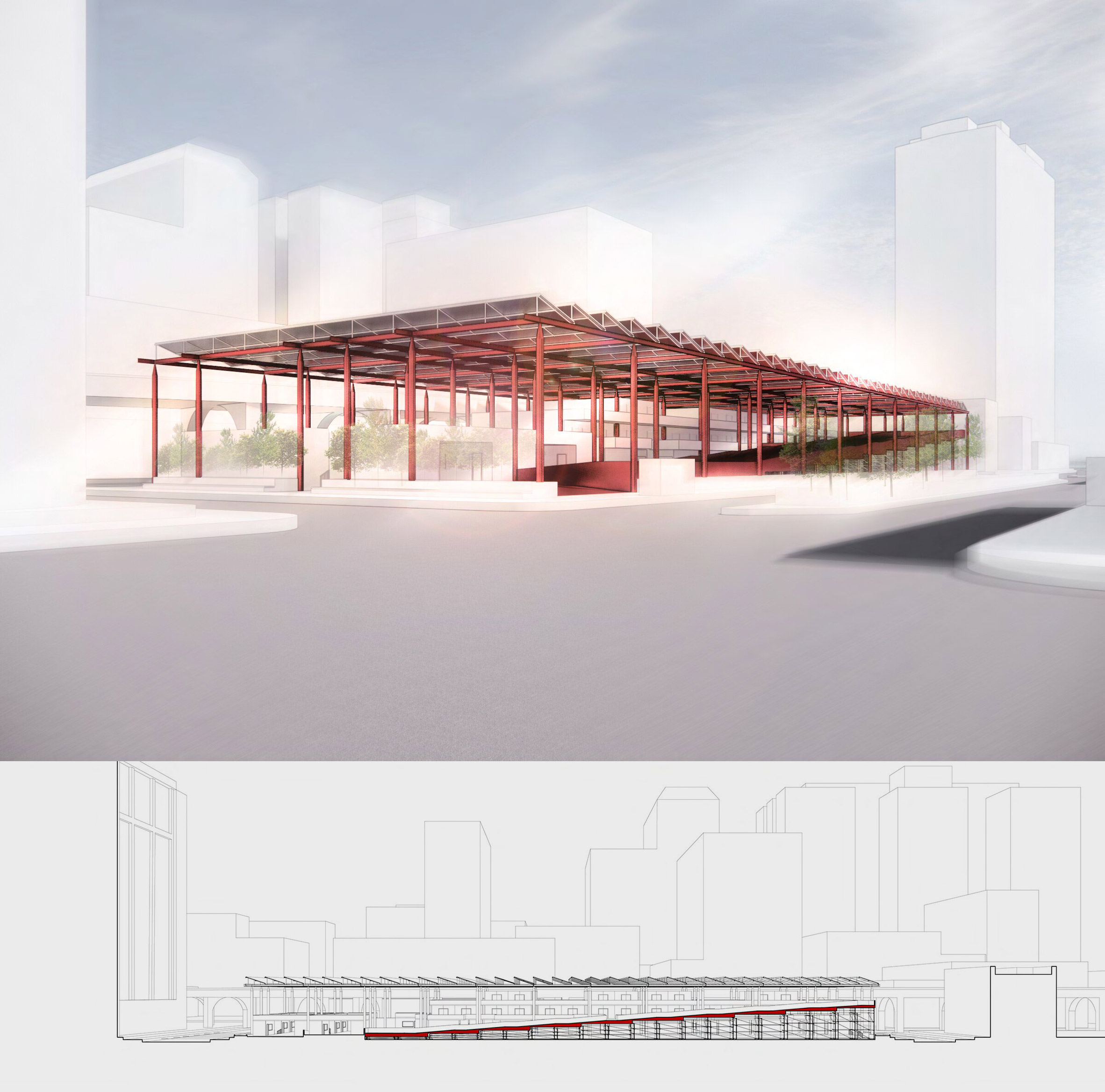 Section drawing and perspective render of a red open structure by a student at California Baptist University
