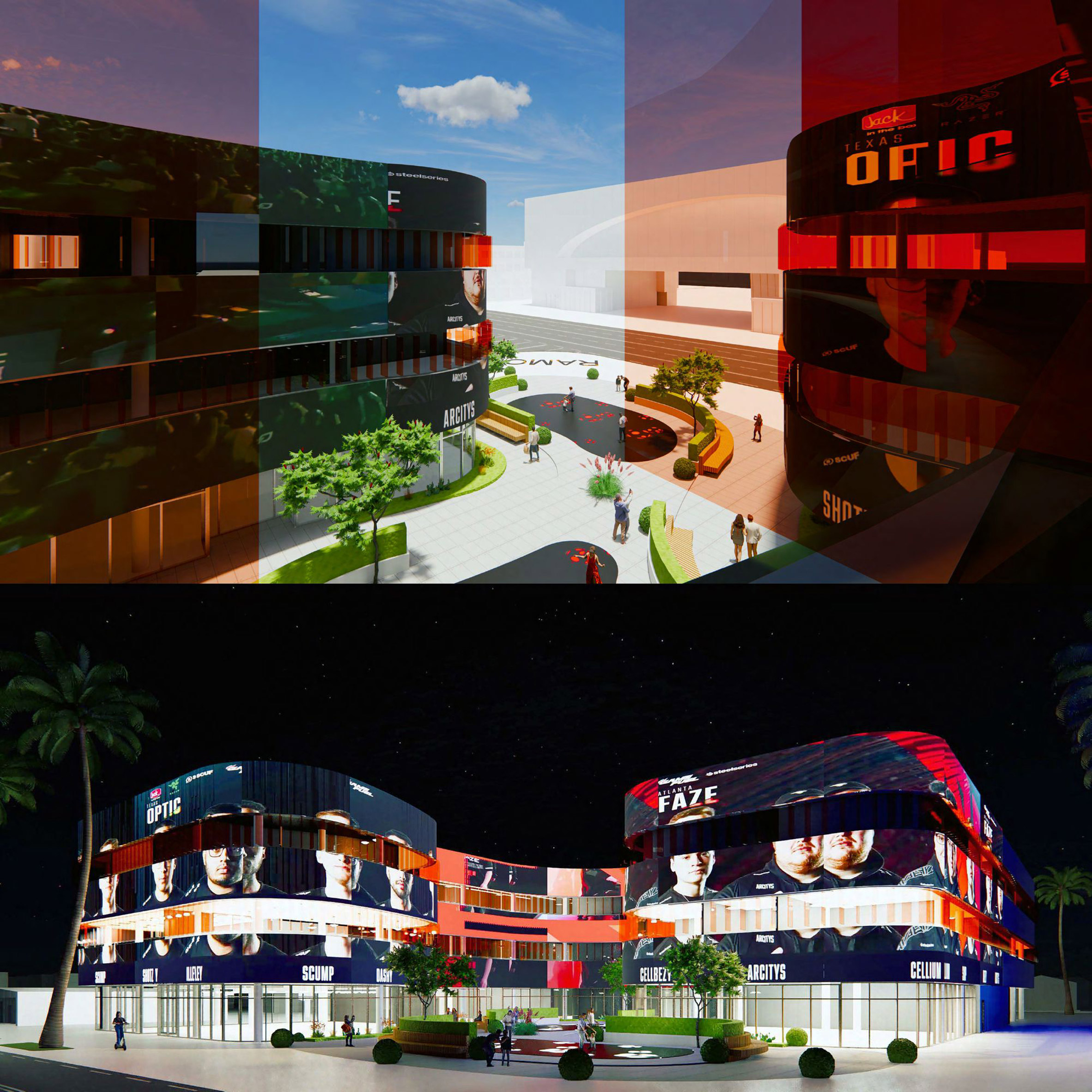 Two elevations of a large esport centre building by a student at California Baptist University