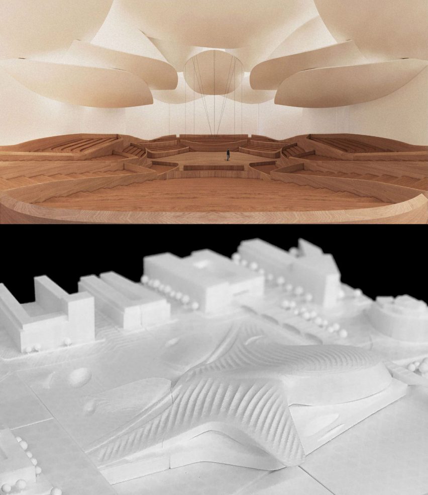 Interior render and white model of a performance hall by student at California Baptist University