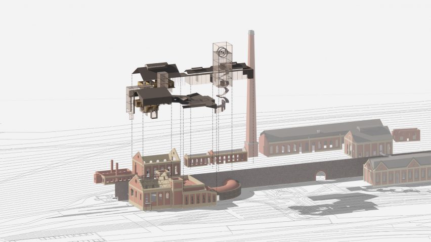 Exploded 3D digital model of a factory building presented on Dezeen School Shows