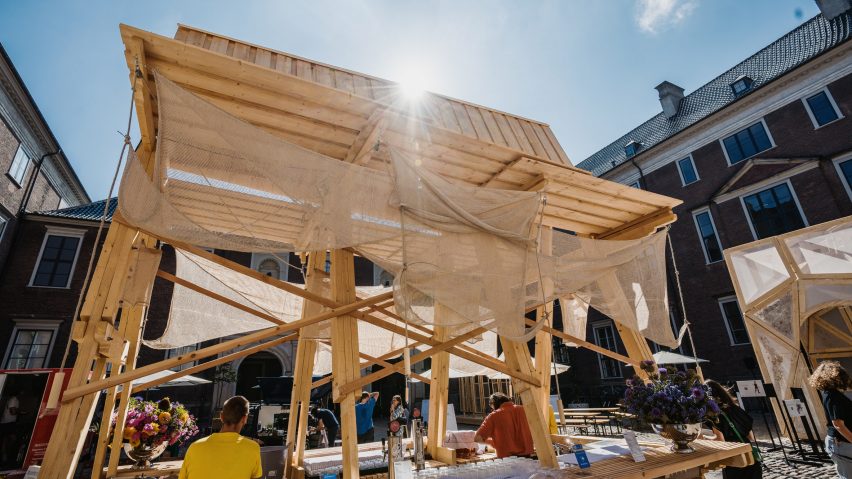 Close up of the pavilion's timber roof and hemp wings