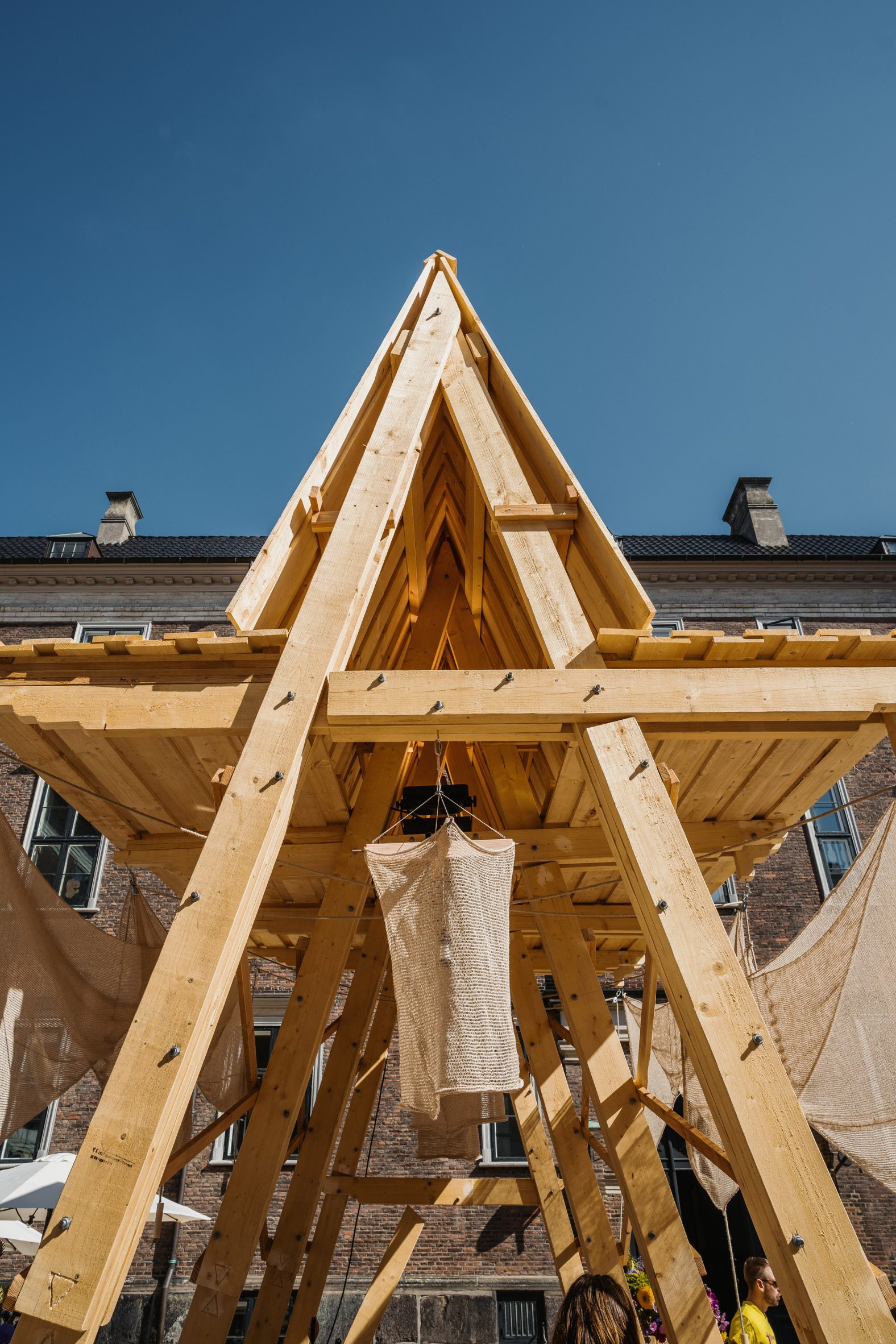 Close up of timber A-frame of pavilion