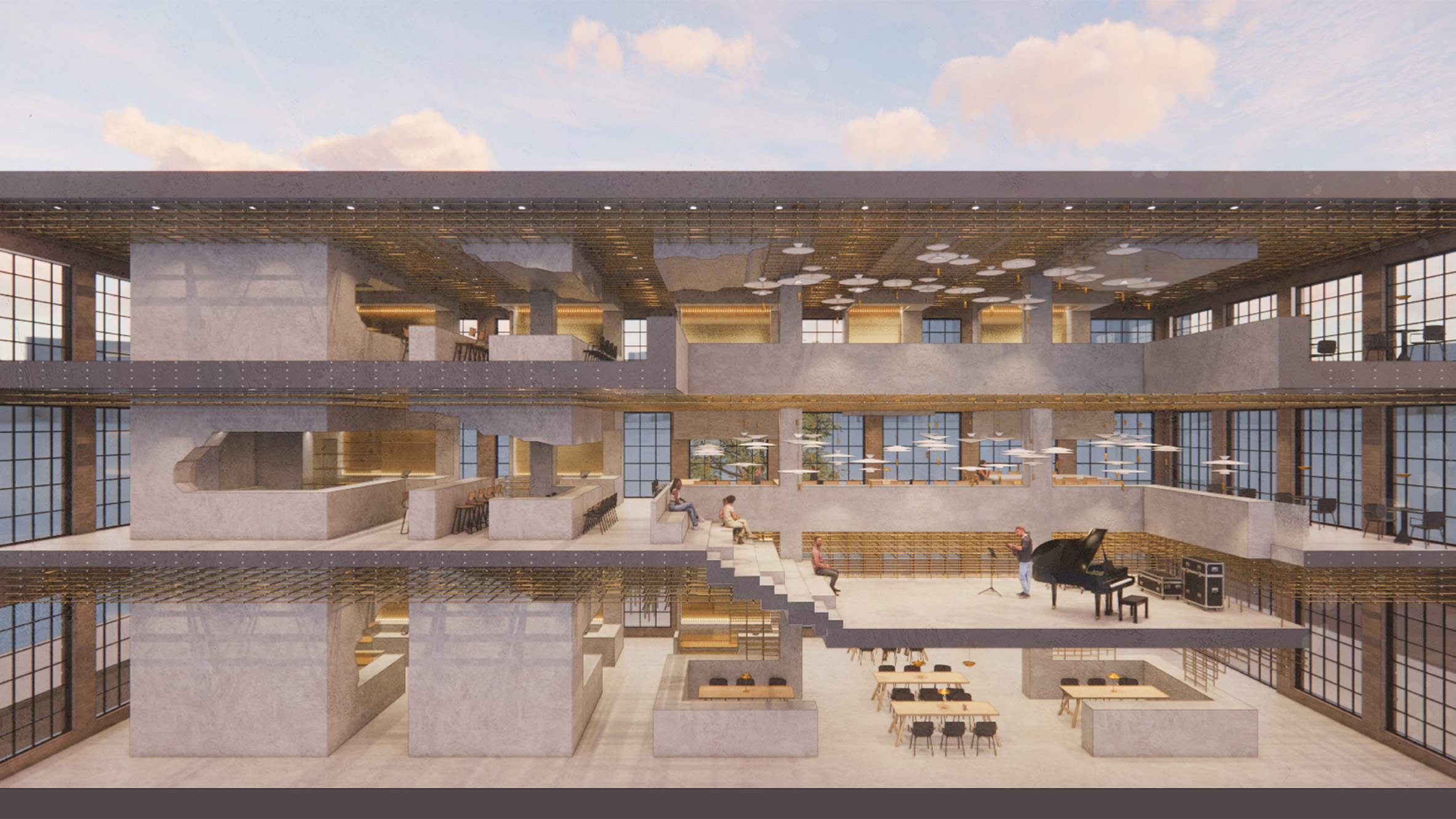 Interior perspective render of an entertainment building