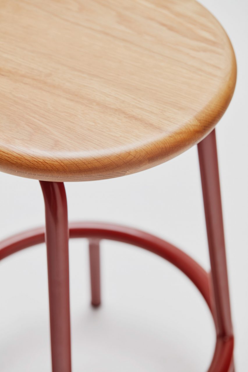 Close up of the Volar stool by Derlot with a dark red frame