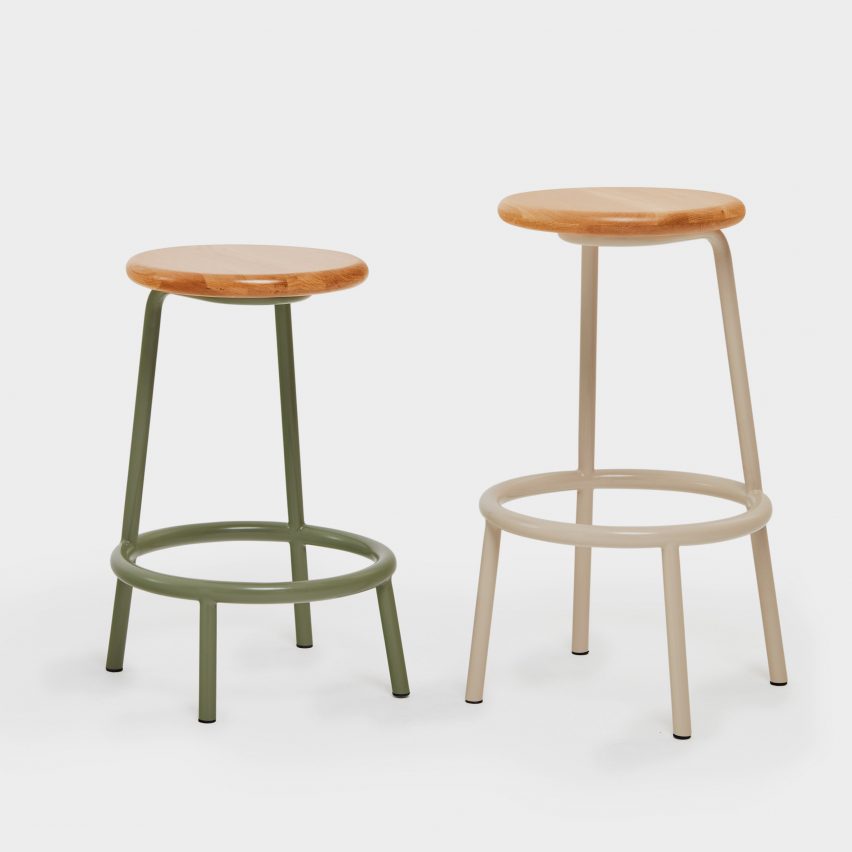 Two Volar stools by Derlot with white and green frames