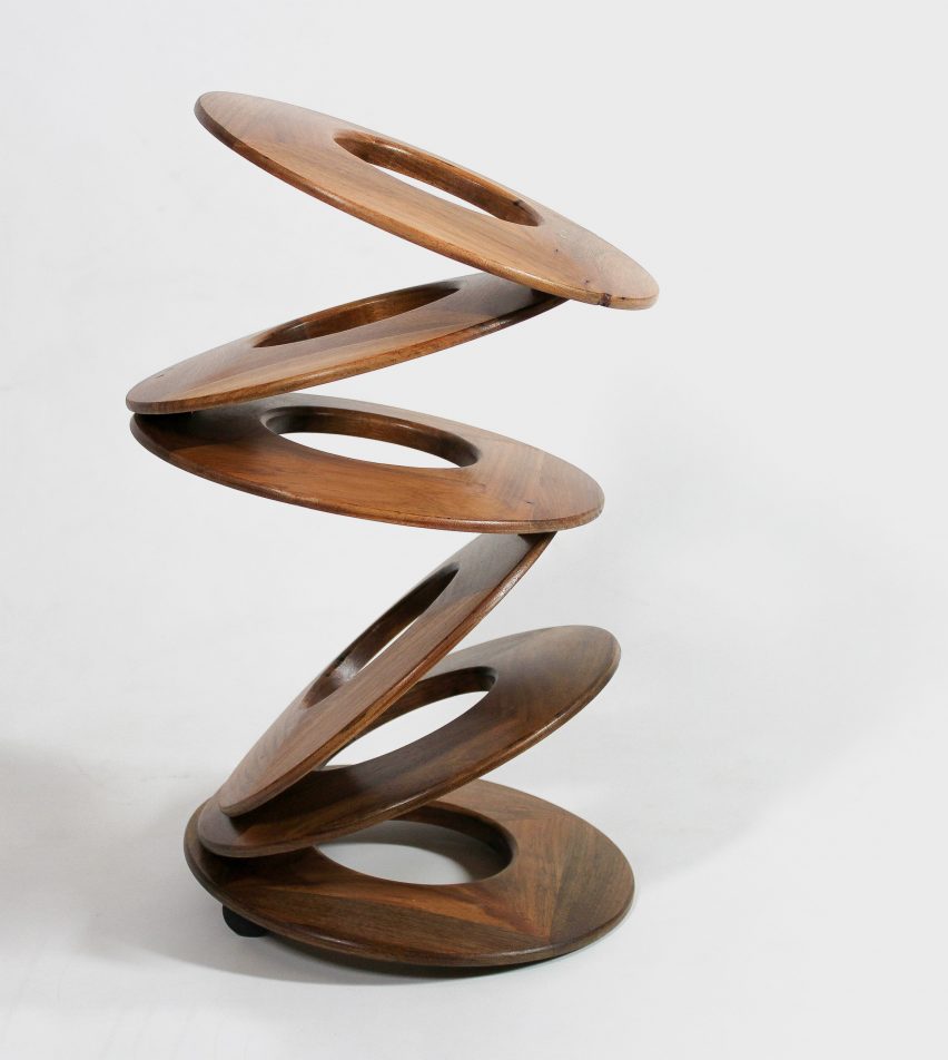Wooden circular disks stacked at angles by student at Design Institute of Australia