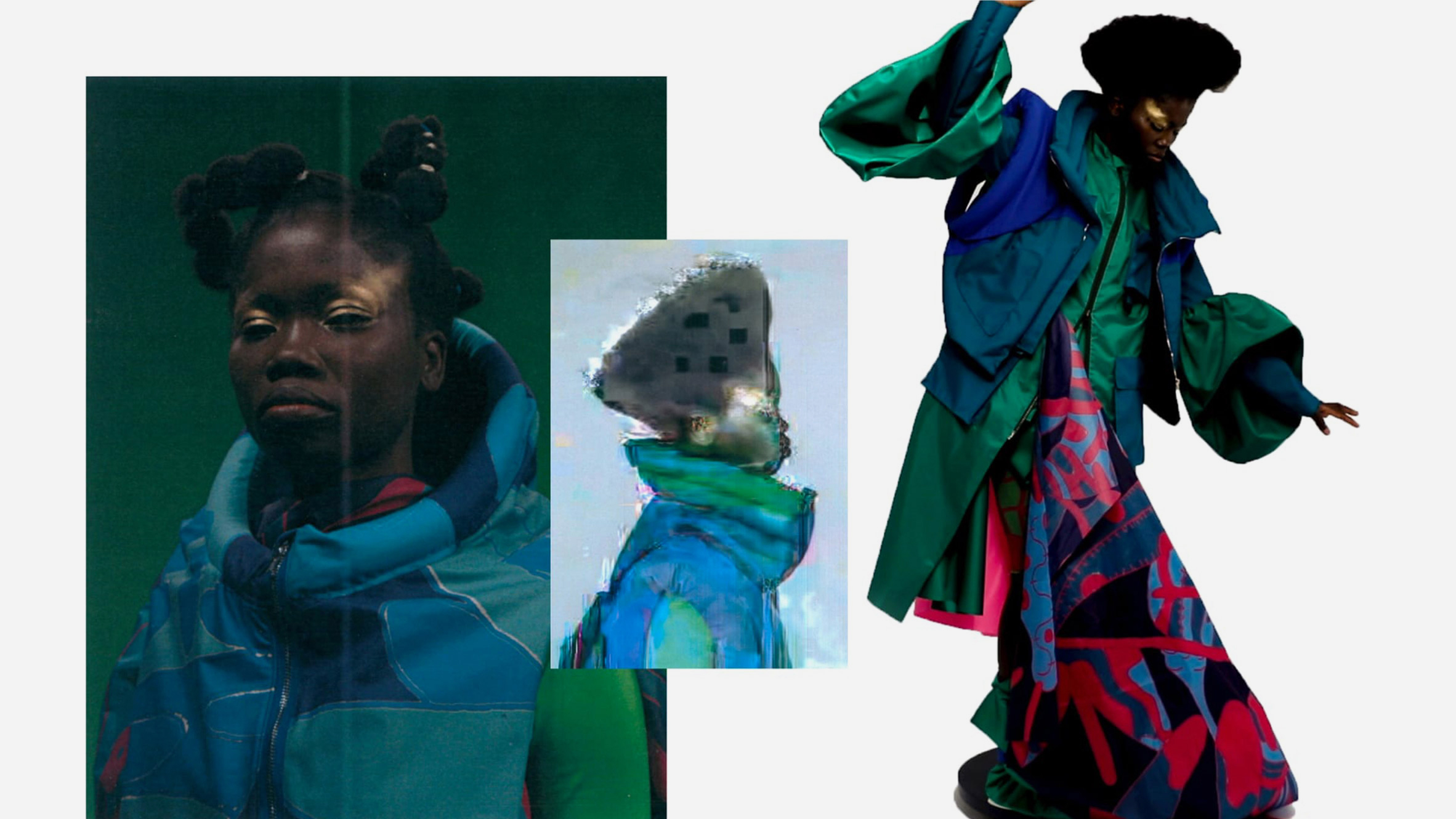 Collage of three photos of a fashion model wearing oversized jewel-toned clothing