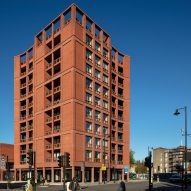 Henley Halebrown completes "hybrid building" in Hackney with red concrete loggia