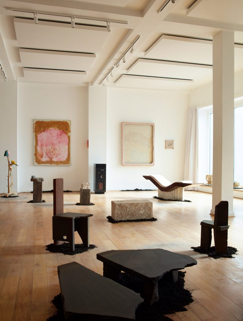 View of gallery in London filled with sculptural furniture