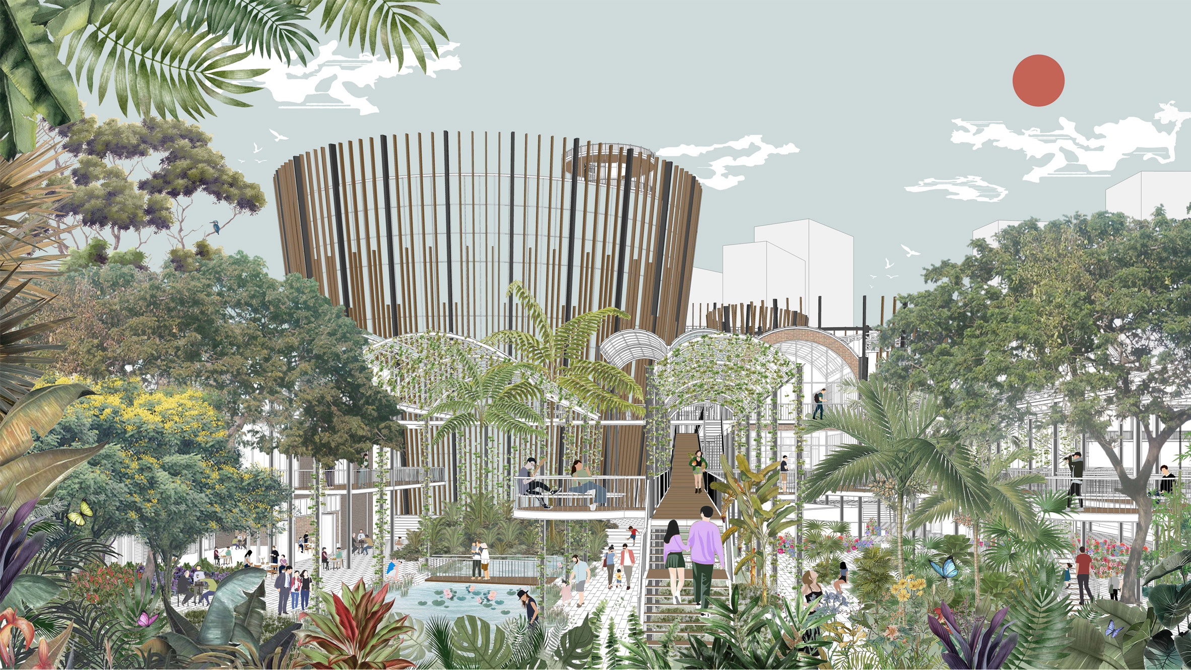 Architectural collage of an outdoor festival with tropical trees presented on Dezeen School Shows