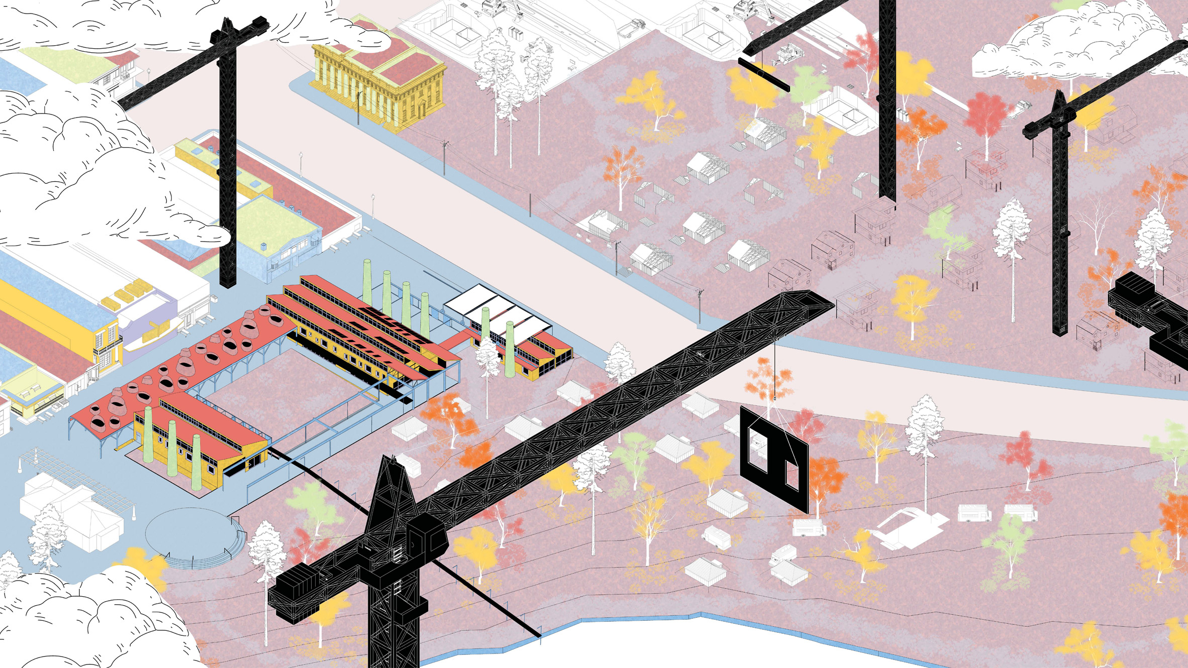 Colourful axonometric drawing of a city plan with cranes presented on Dezeen School Shows