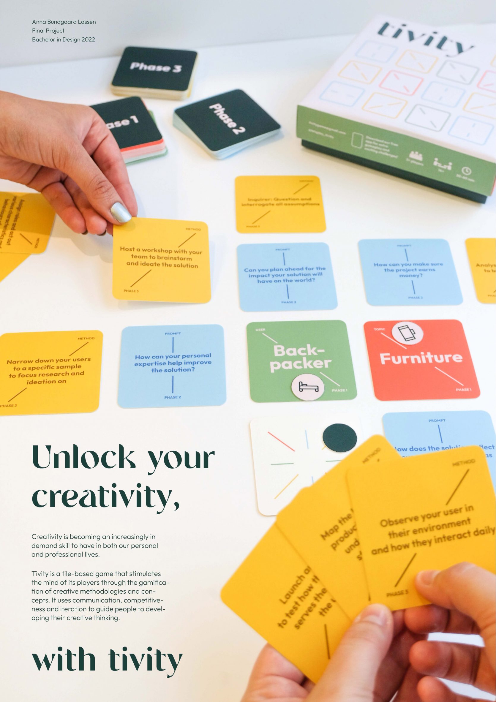 Colourful cards from a student-designed card game encouraging creativity