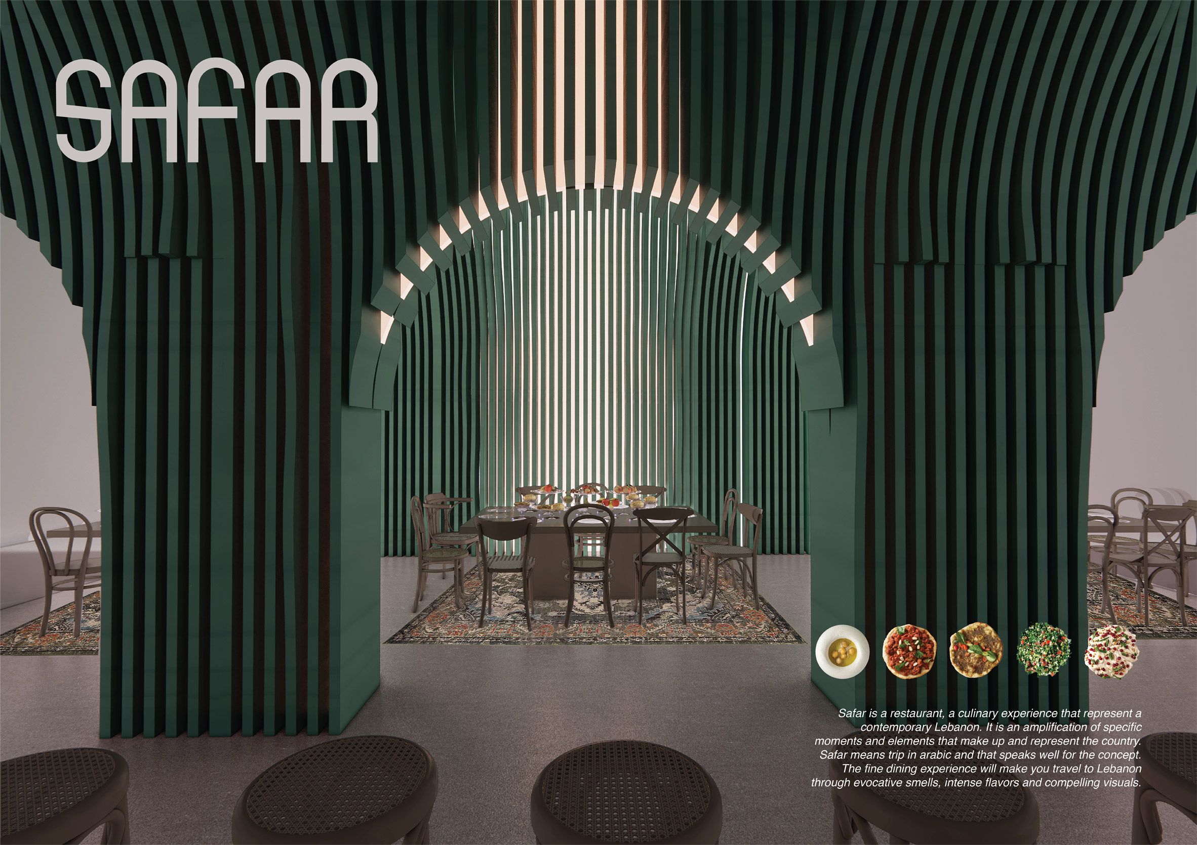 Restaurant with green arches and tables by student at IE University