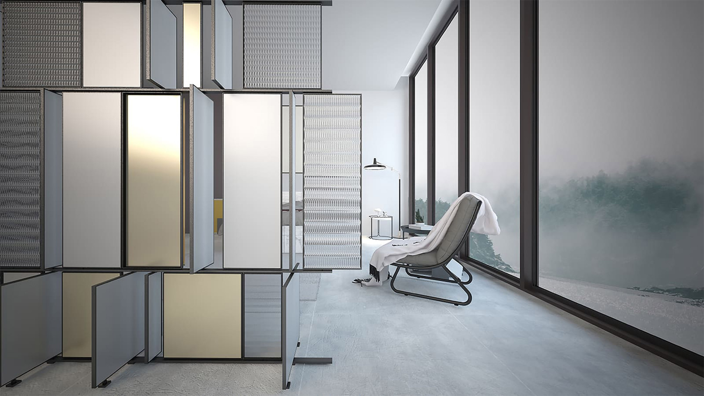 Interior of a grey living space with a lounge chair and wall separator by student at Istituto Marangoni