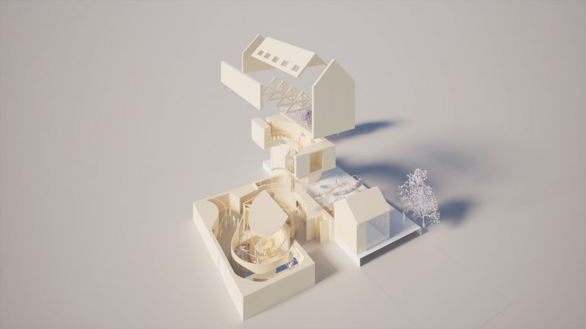 Exploded white model of a shed-style building