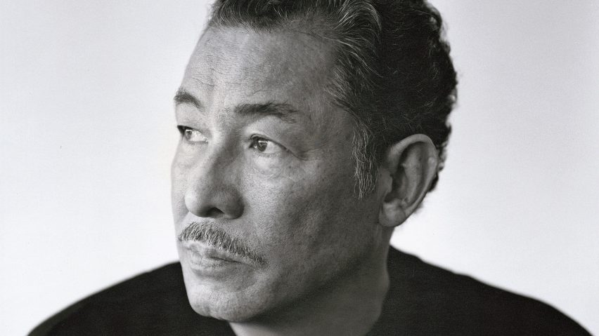 Black and white portrait of Issey Miyake