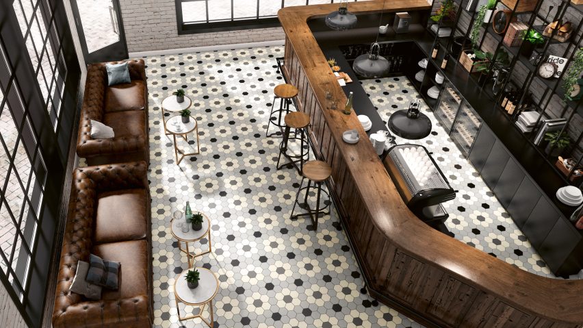 White, grey and black hexagonal Kerastar tiles on the floor of a bar