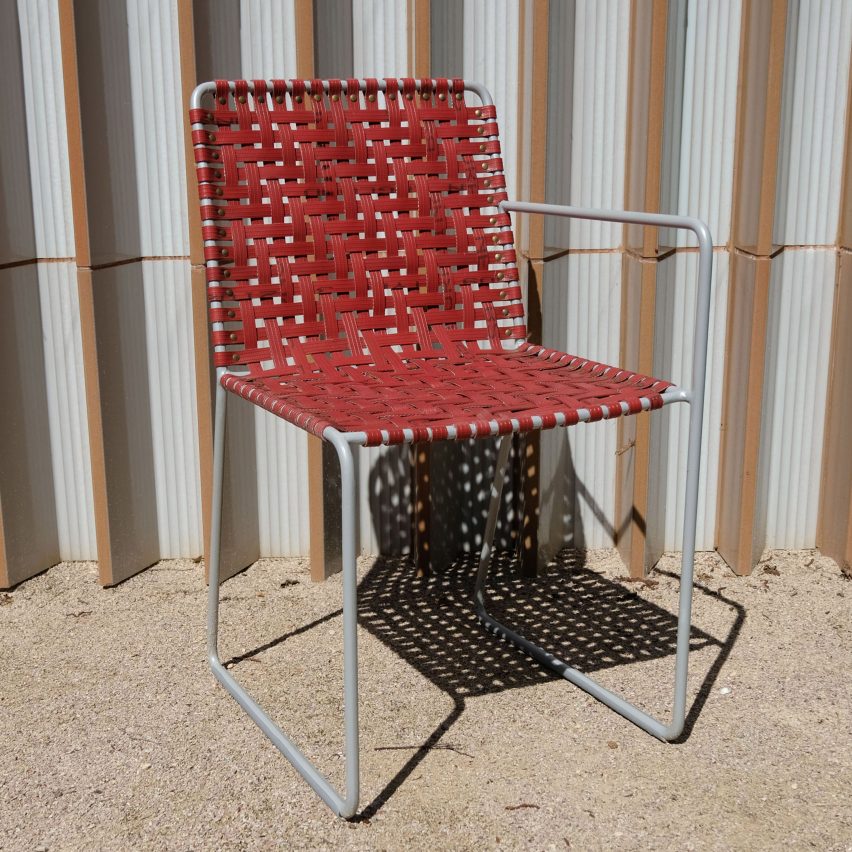 Steel-frame chair upholstered with red firehose designed by Local Works Studio for Maggie's Southampton