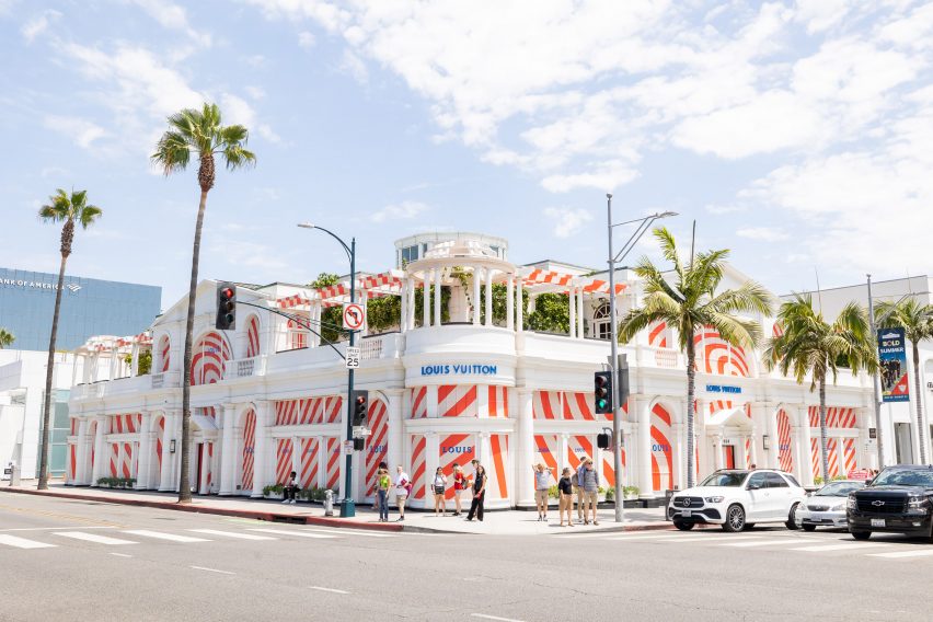 Striped building on corner of North Rodeo Drive in Los Angeles