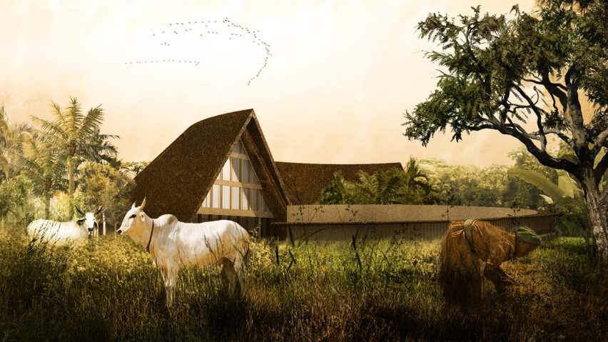 Render of a barn-like building with farmland and goats by student at Central Saint Martins