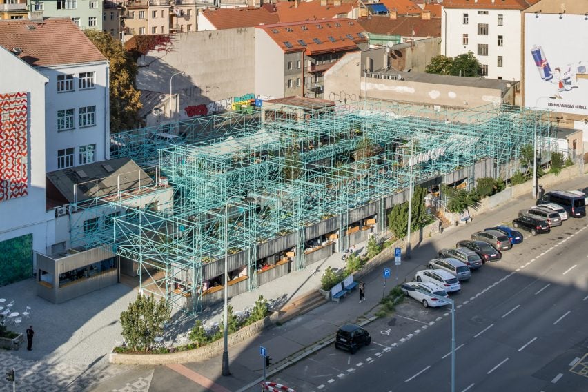 Pop-up structure in Prague made from blue scaffolding 