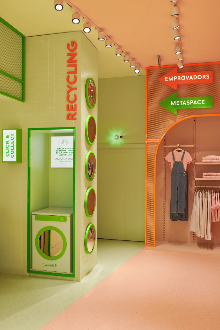 Green and orange interior of Mango Teen by Masquespacio showing the washing machine clothes recycling point